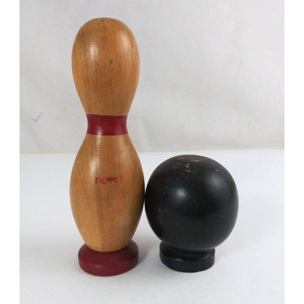 Vintage Wooden Bowling Pin & Ball 6" & 2.75" Salt & Pepper Shakers Japan